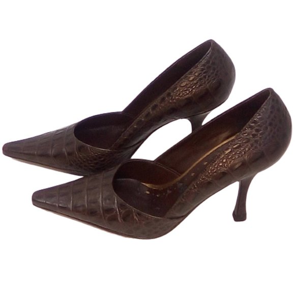 3/$25💦 sz 5.5 BCBGIRLS BROWN CROC PATTERN HEELS - Picture 2 of 13